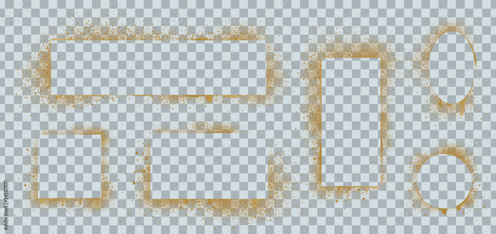 Poster gold paint spray frames, stencil templates with splatter texture. abstract borders in different shap
