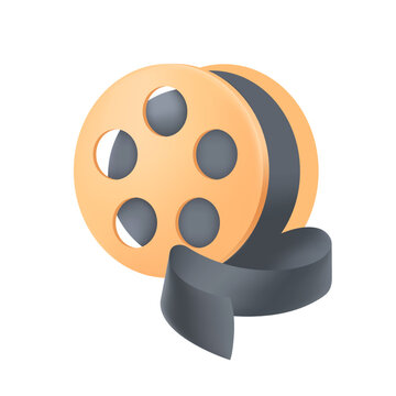 Film reel with yellow spool and black tape 3D icon. Old cinema roll with filmstrip for studio movie production 3D vector illustration on white background. Cinematography, entertainment concept