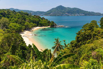 Laem singh beach view in a sunny day from Laem Singh viewpoint, the tourist destination in Phuket, Thailand - obrazy, fototapety, plakaty