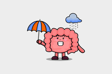 Cute cartoon Intestine character in the rain and using an umbrella in flat modern style design