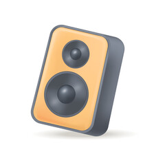 Wooden sound speaker 3D icon. Retro music loudspeaker box with black circles of sub woofer for studio or home 3D vector illustration on white background. Stereo system, equipment, DJ party concept © PCH.Vector