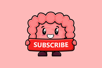 Cute cartoon Intestine character holding red subscribe board
