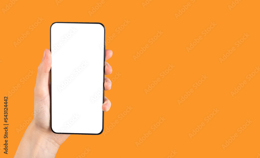 Poster Smartphone screen mock up with empty blank display template for app promotion on orange background, banner