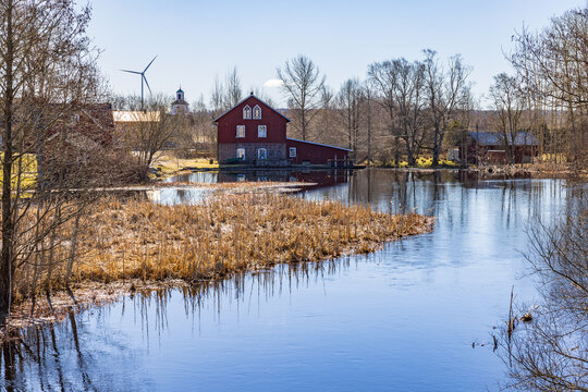 Water mill by a river in a small swedish village