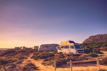 Fototapeta na wymiar Camper cars on beach, camping on nature