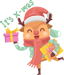 reindeer holding gift box.