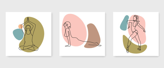 Woman Yoga Minimalist One Line Drawing Set. Woman Yoga Poses Line Art Trendy Illustration. Lifestyle Modern Minimalist Drawing. Female Sport One Line Illustration. Vector EPS 10 