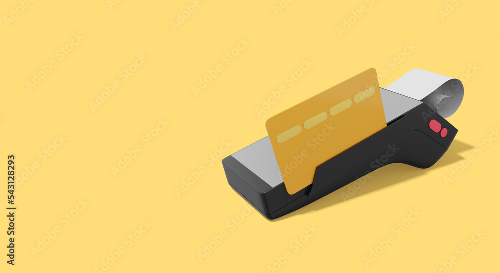 Poster device for nfc pay. gray black pos terminal with credit card and check. modern machine for cashless 