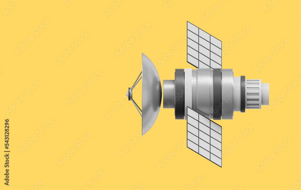 Poster space satellite with an antenna. orbital communication station intelligence, research. 3d rendering.