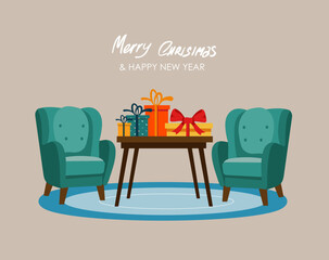 cozy christmas eve. cozy christmas. christmas at home. table with gifts.vector illustration in cartoon style.