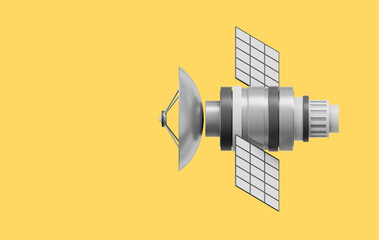 Space satellite with an antenna. Orbital communication station intelligence, research. 3D rendering. Realistic metallic icon on color background with space for text.