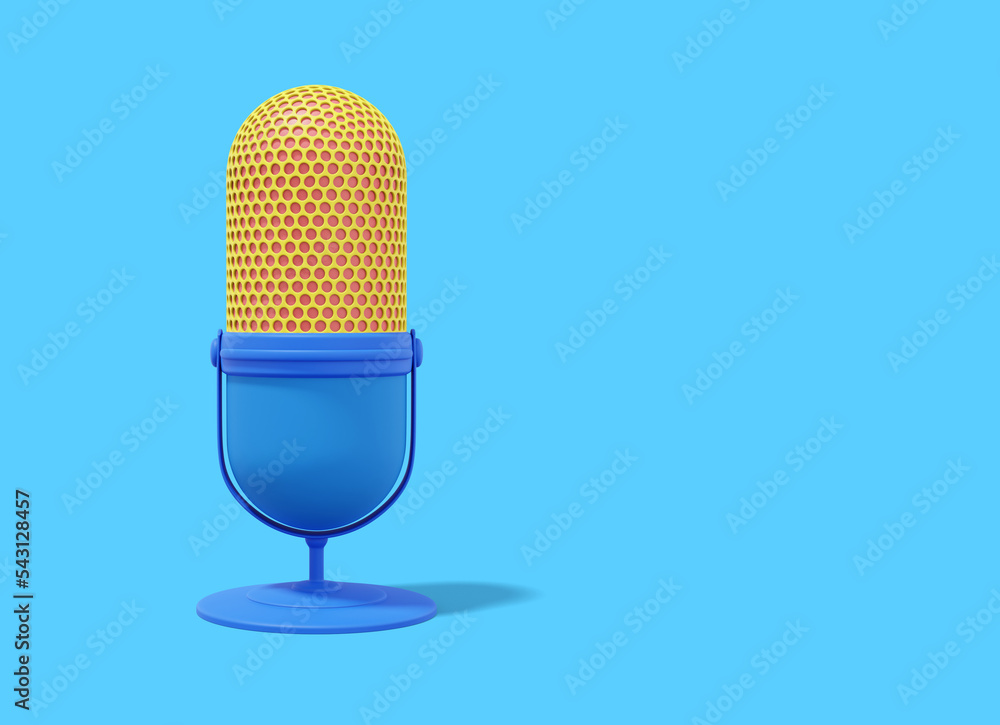 Poster modern microphone. realistic multicolored icon on blue background with space for text. 3d rendering.