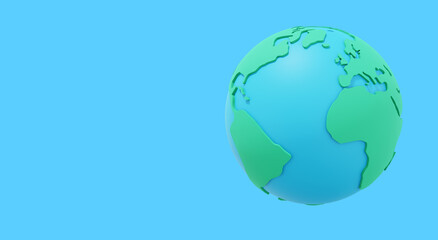 Globe Earth. Minimalist cartoon. Colorful icon on blue background with space for text. 3D rendering.