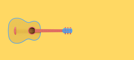 Multicolored acoustic guitar, front view. 3D rendering. Icon on yellow background, space for text.