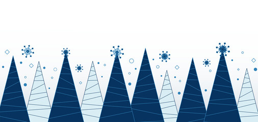 Abstract blue Christmas trees and  snowflakes on a transparent background. Panoramic banner. PNG 