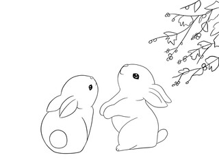 Black and white illustration of two rabbits . Idea for cartoon, children’s art line, books, stickers, print 