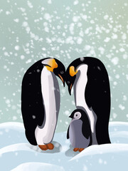 Graphic illustration of family penguins in snowy winter. Idea for poster, children’s books, art, cartoon, background