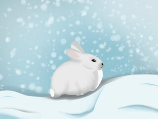 Graphic illustration of white rabbit in snowy winter . Idea for background, print, banner, children’s books, art, cartoon