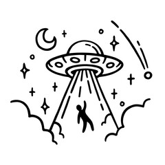 UFO alien abduction tattoo design. Flying saucer doodle drawing. Spaceship abducting man. Vector illustration. - obrazy, fototapety, plakaty