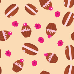 Seamless pattern chocolate macarons and muffins in cartoon style. Pattern for textiles, kitchen design and towels and aprons, children's fabrics and wraps.