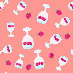 Seamless pattern fruit jelly with strawberries in a glass glass in a cartoon style. Pattern for textiles, kitchen design and towels and aprons, children's fabrics and wraps.