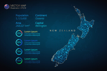 New Zealand map infographics vector template with abstract geometric mesh polygonal light concept on blue background. Template for diagram, graph, presentation and chart
