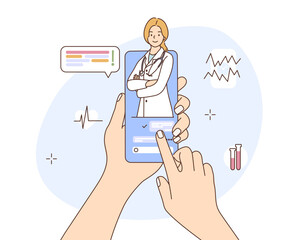 Smartphone screen with female therapist or nurse in chat of messenger on online consultation. Ask the doctor. Online medical consultation, telemedicine. Vector illustration in hand drawn cartoon style