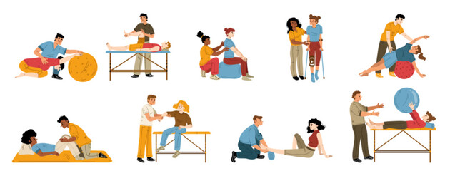 Naklejka premium Physical therapy, rehab isolated set. People applying rehabilitation. Therapist work with disabled patients recuperate activity during physio procedures in clinic, Cartoon linear vector illustration