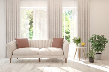White living room with sofa and summer landscape in window. Scandinavian interior design. 3D illustration