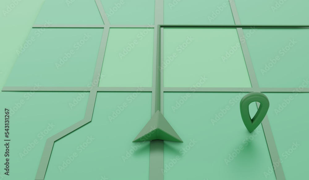Fototapete minimal style green gps map navigator. tracking concept. arrow and markers on a map. 3d rendering