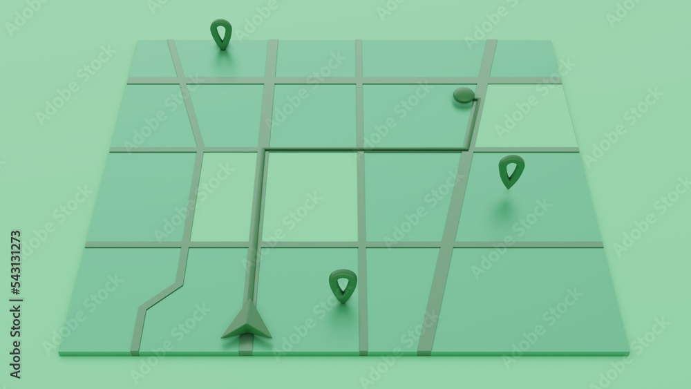 Fototapete minimal style green gps map navigator. tracking concept. arrow and markers on a map. 3d rendering