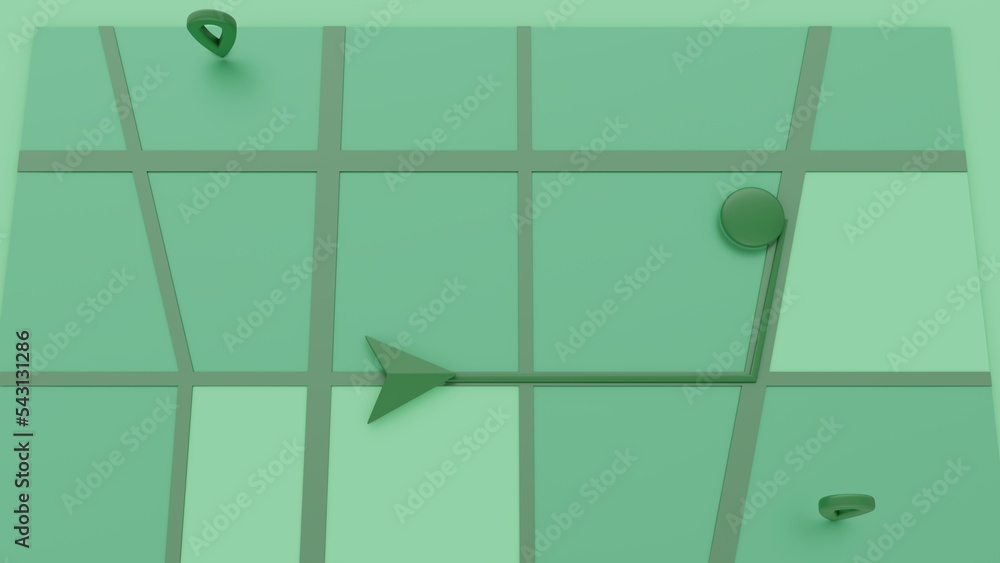 Fototapete minimal style green gps map navigator. tracking concept. arrow and markers on a map. 3d rendering