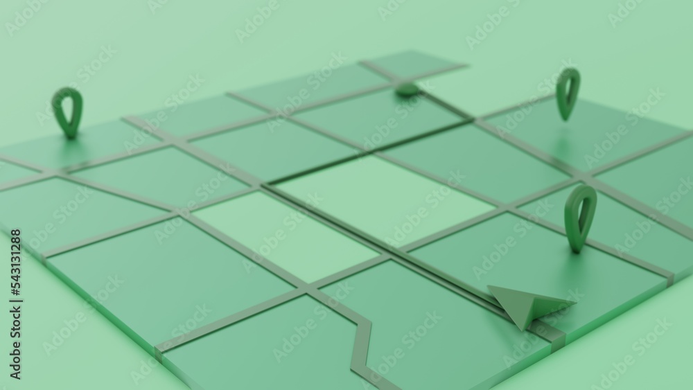 Poster minimal style green gps map navigator. tracking concept. arrow and markers on a map. 3d rendering