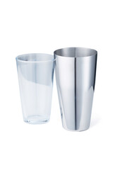 Close-up shot of a two-piece cocktail shaker set with a mixing glass and a stainless steel shaker. The cocktail shaker set is isolated on a white background. Front view.