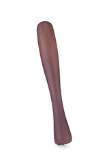 Close-up shot of a wooden muddler with a serrated end to bruise or grind ingredients for cocktails. The cocktail muddler is isolated on a white background. Front view.