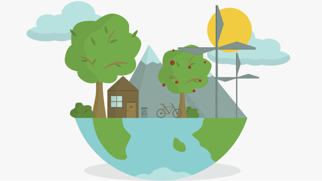 Ecological life. Earth drawing with bicycle, house, windmills, trees and mountains