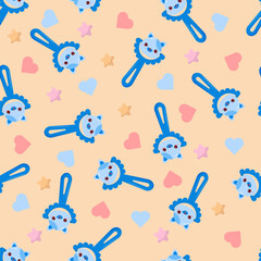 Seamless pattern with baby cat rattle. Children's pattern on textiles. Gentle children's  beige   background
