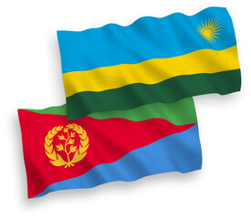 National vector fabric wave flags of Republic of Rwanda and Eritrea isolated on white background. 1 to 2 proportion.