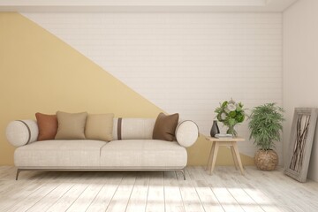 Orange living room with sofa. Scandinavian interior design. 3D illustration
