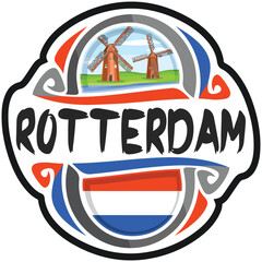 Rotterdam Netherlands Flag Travel Souvenir Sticker Skyline Landmark Logo Badge Stamp Seal Emblem EPS