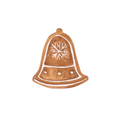 Gingerbread bell isolated on a transparent background. Watercolor cookie decorated with an icing snowflake. Holiday dessert illustration. Cute baked biscuit clipart. Homemade food. Christmas bell.