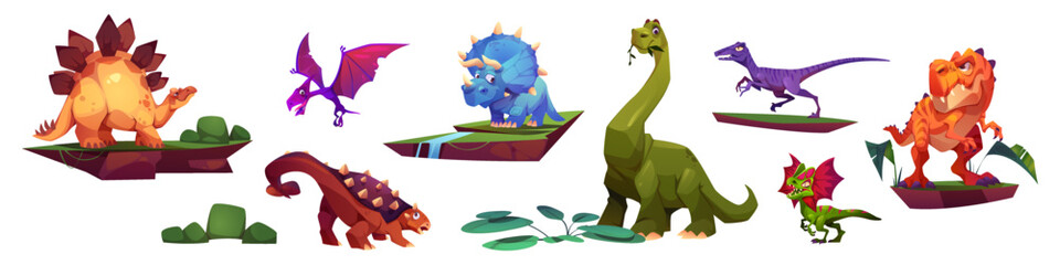 Dinosaur cartoon characters isolated set. Stegosaurus, tyrannosaurus, diplodocus and triceratops, pterodactyl, brachiosaurus or velociraptor with pterosaur jurassic era animals Vector illustration © klyaksun