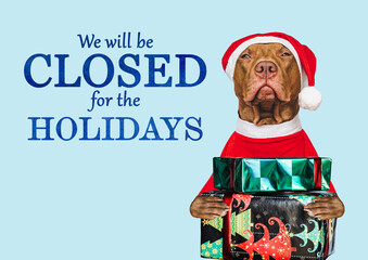 Signboard with the inscription We will be closed for the Holidays. Charming brown dog and Christmas...