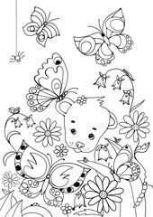Contour coloring book for children. Teddy bear in the garden among butterflies and flowers.