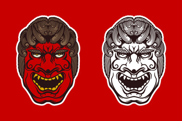 Hand drawn red white japanese traditional mask on red background.