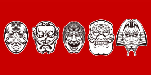 Hand drawn five white japanese traditional masks on red background.