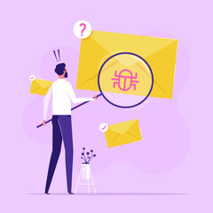 Man looking at letter in envelope through magnifying glass and seeing virus, malware. Concept of spam message, suspicious e-mail, online safety or security, flat vector illustration