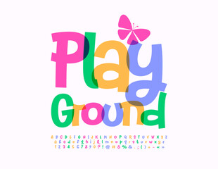 Vector watercolor logo Playground. Bright Kids Font. Handwritten Artistic Alphabet Letters and Numbers set
