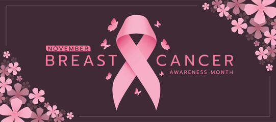 Breast cancer awareness month text and pink ribbon sign with butterflys flying around in flower frame on dark brown background vector design