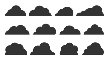 Abstract black flat clouds icon set isolated on white. Different shapes fluffy cloud icons symbol collection. Climate meteorology web banner, database technology, networking storage applications label